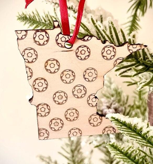 Soccer State Shape Wood Ornament & Gift Tag | Soccer Balls Overlay | Soccer Gift | Coach Gift