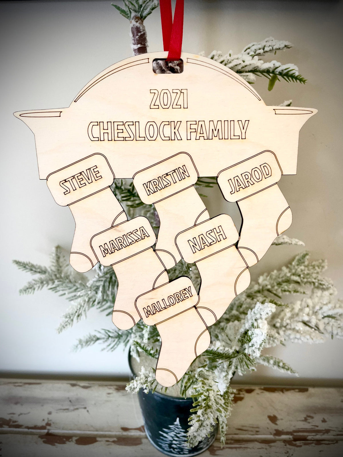 Personalized Family or Team Stocking Plaque | Custom Engraved Wood Ornament | 2-20 Names