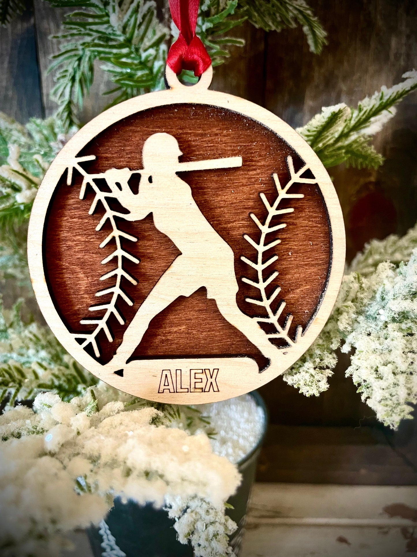Softball Player Personalized 2-Layer Wood Christmas Ornament & Gift Tag | Multiple Finishes | Softball Gift (#5)