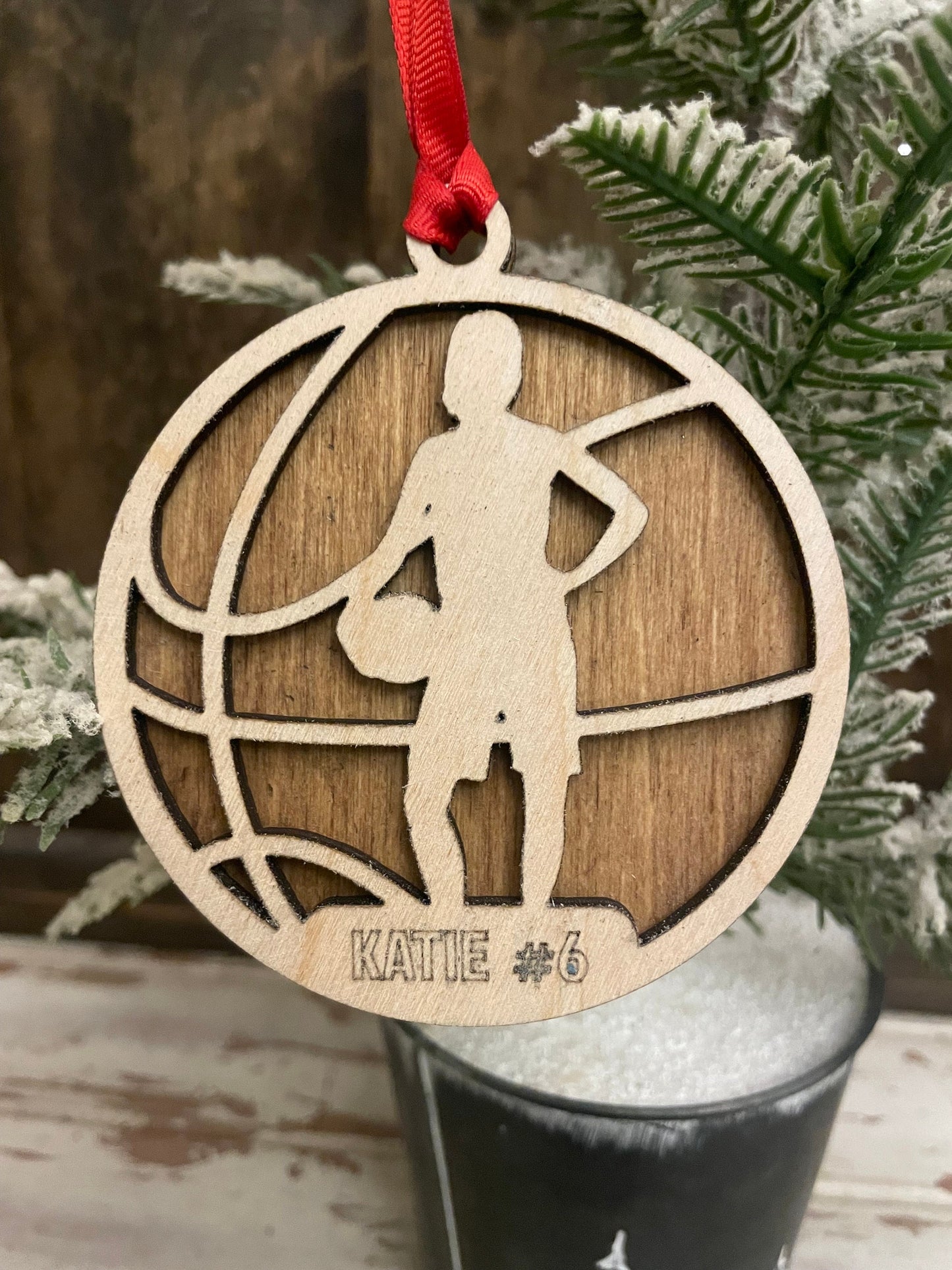 Female Basketball Player Personalized 2-Layer Wood Christmas Ornament & Gift Tag | Multiple Finishes | Basketball Gift (#4)