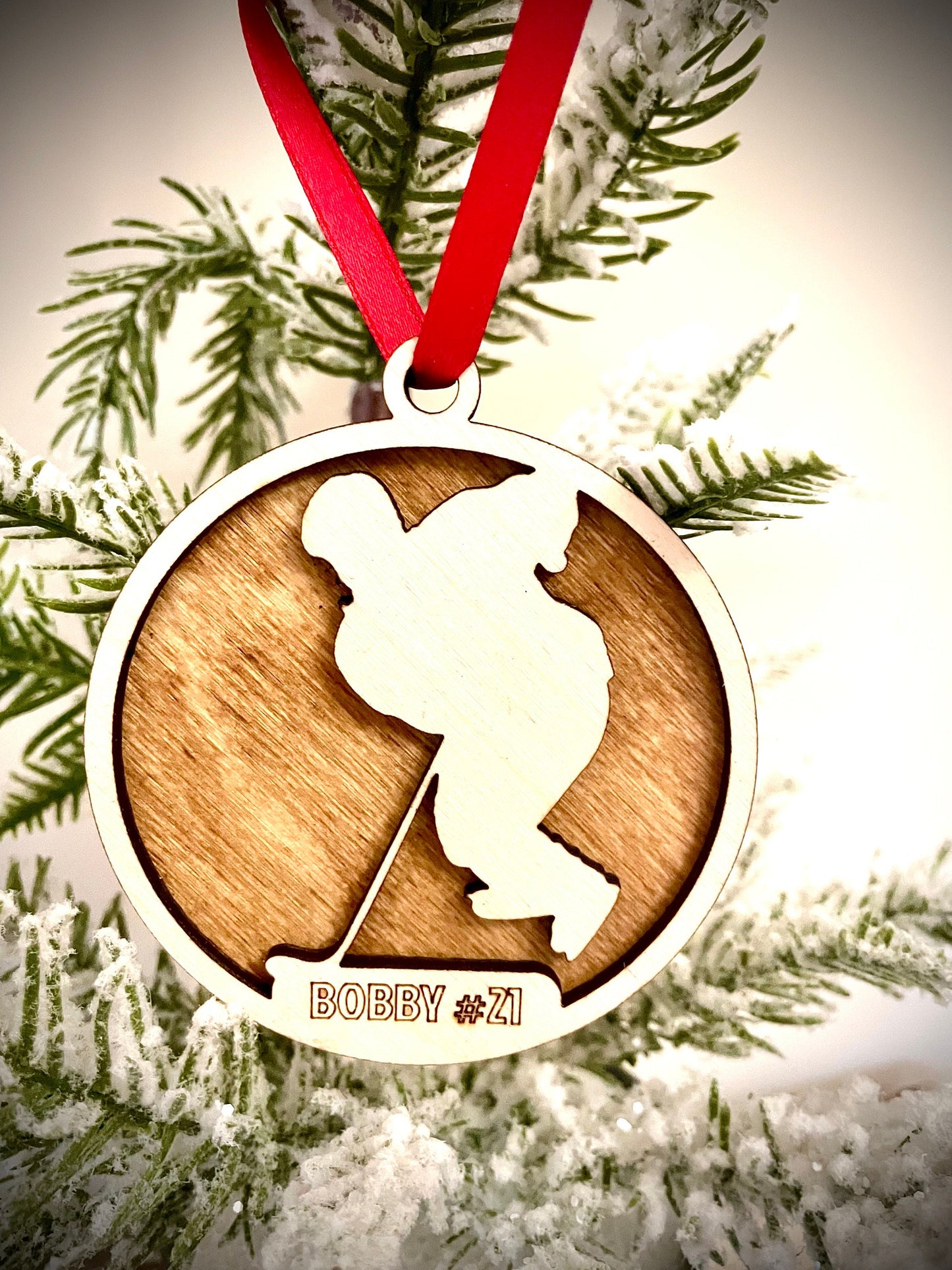 Hockey Player Skater Personalized 2-Layer Wood Christmas Ornament & Gift Tag | Multiple Finishes | Hockey Gift (#2)