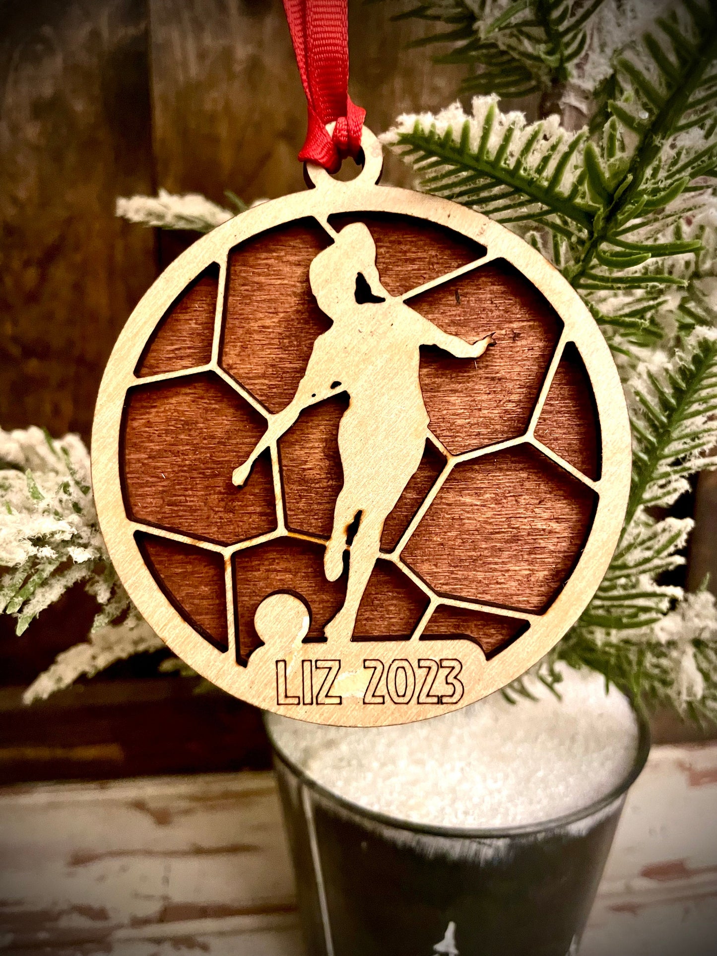 Female Soccer player 2-layer personalized laser cut wood Christmas ornament, gift tag available unfinished or stained version 7