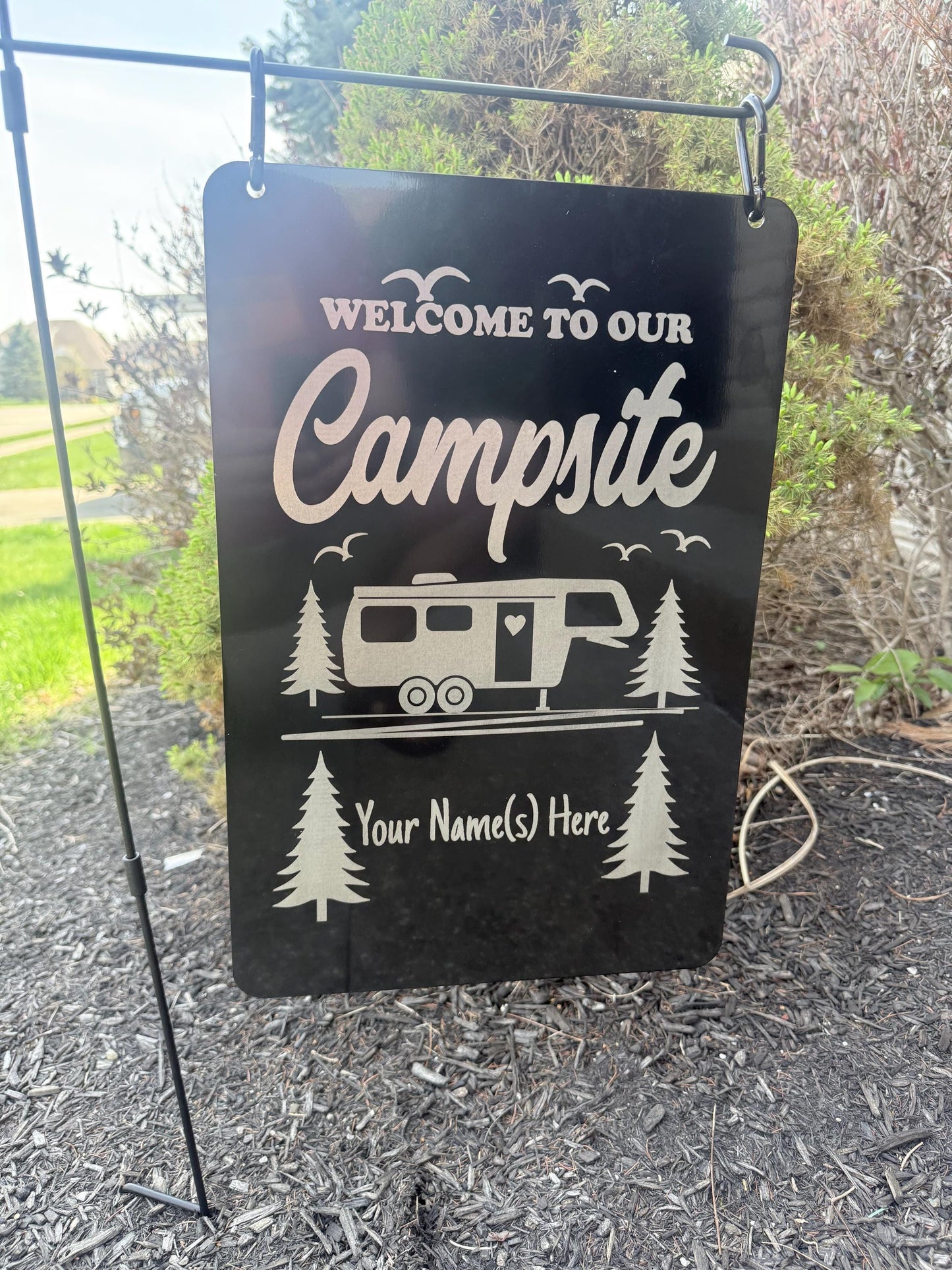 Custom Campsite Welcome Aluminum Garden Flag Sign | RV, Trailer & Tent | Double-Sided Weatherproof