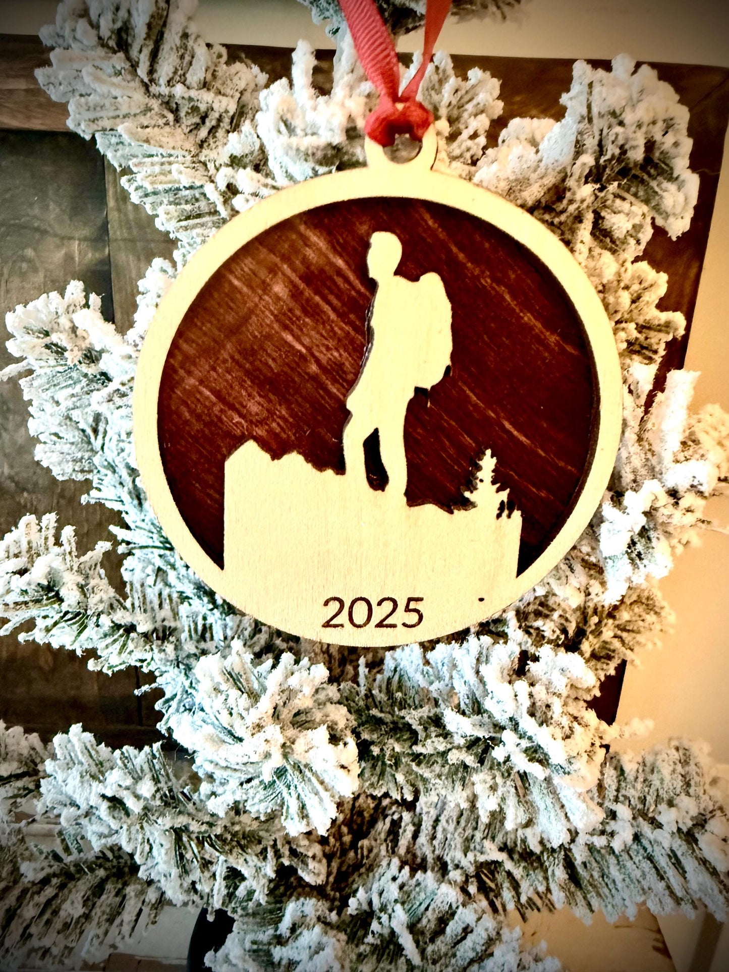 Male Hiker Backpacker Personalized 2-Layer Wood Christmas Ornament & Gift Tag | Multiple Finishes | Outdoor Gift