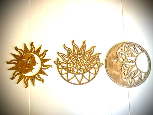 Boho Sun & Moon Trio Wood Wall Art | 3-Panel Set | Multiple Finishes