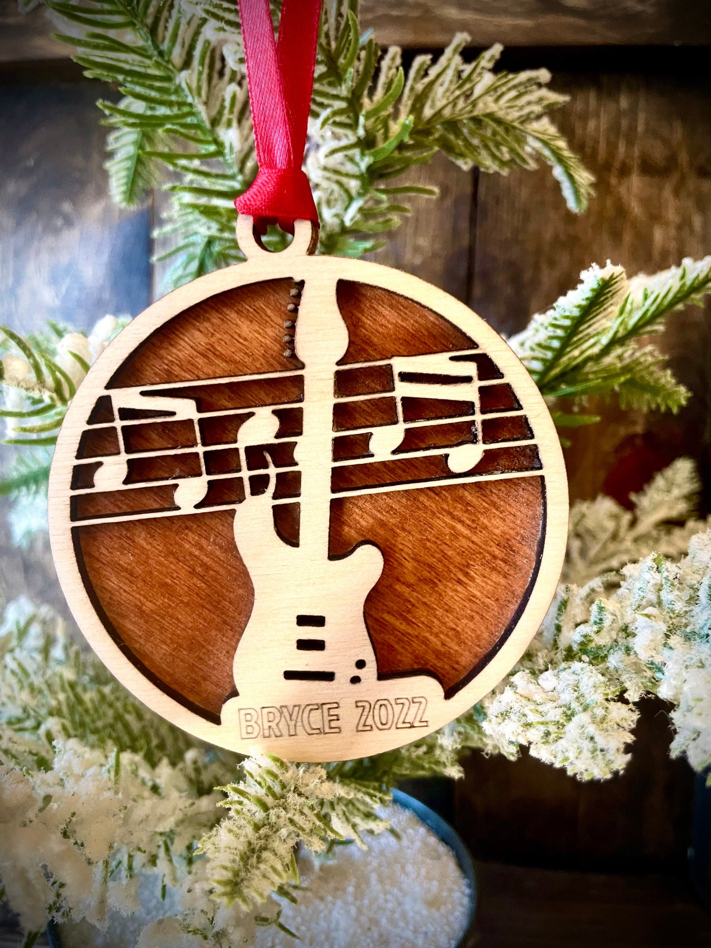 Electric Guitar Personalized 2-Layer Wood Christmas Ornament & Gift Tag | Multiple Finishes | Music Gift