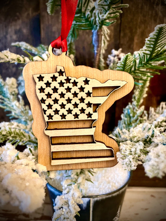 Minnesota US Flag Wood Ornament & Gift Tag | 12 Finishes | Patriotic Gift