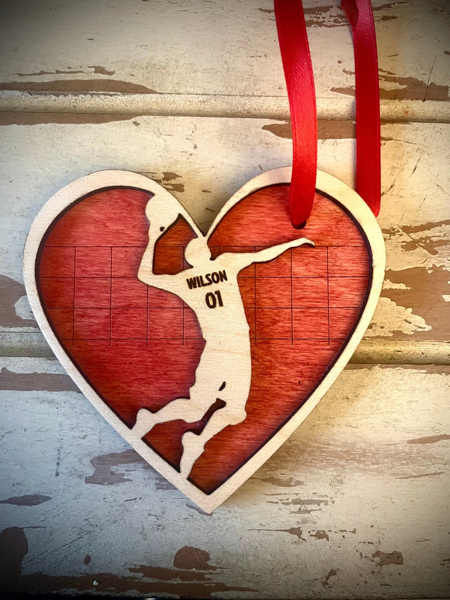 Personalized Male Volleyball Player Valentine Heart Ornament | Engraved Name & Number
