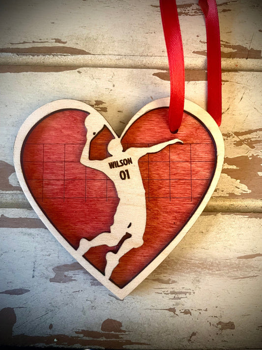 Personalized Male Volleyball Player Valentine Heart Ornament | Engraved Name & Number