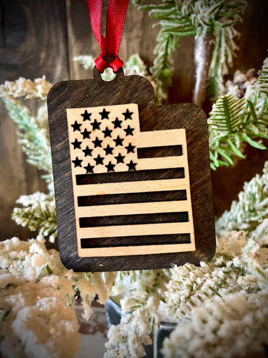 Utah US Flag Wood Ornament & Gift Tag | 12 Finishes | Patriotic Gift