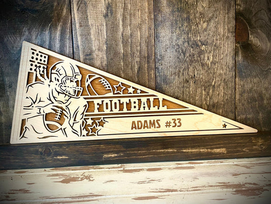 Custom Female Football Player Wood Pennant | Name & Number Engraved | 12 Finishes | Pose 1