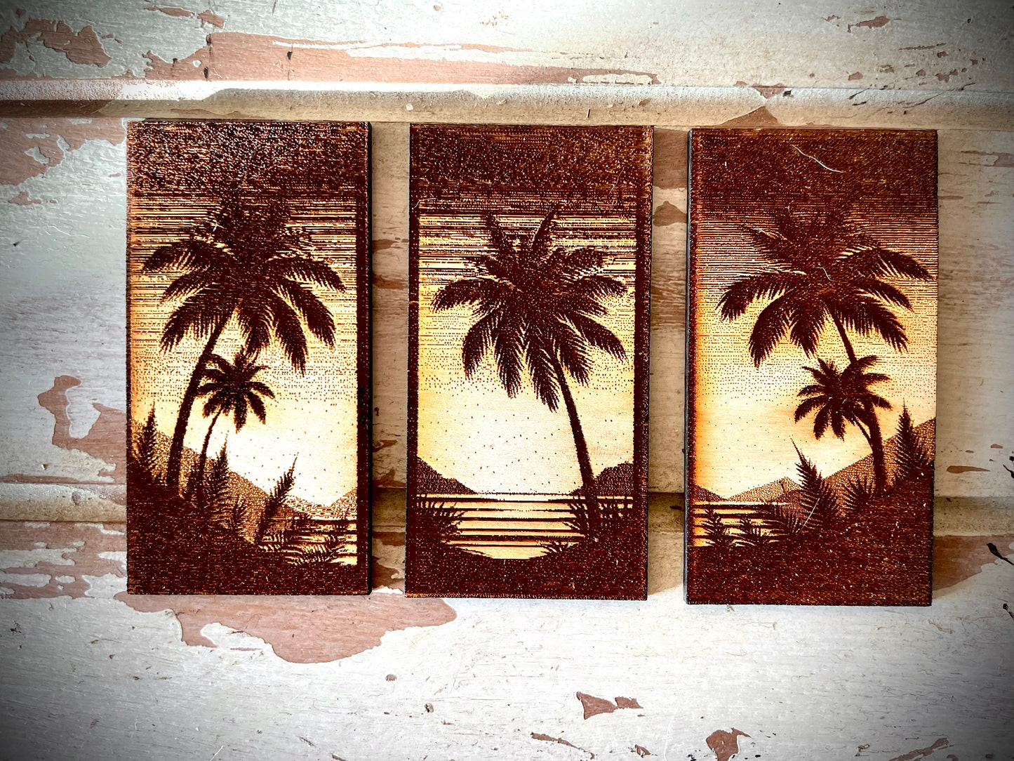 Palm Tree with Water & Mountains Engraved Wood Triptych Magnet Set | 3-Panel Set | Coastal Decor Gift