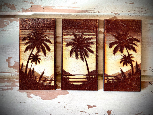 Palm Tree with Water & Mountains Engraved Wood Triptych Magnet Set | 3-Panel Set | Coastal Decor Gift