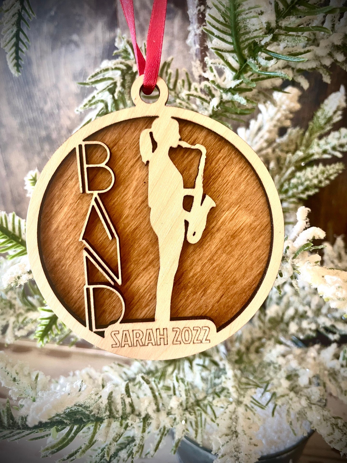 Marching Band Female Saxophone Player Personalized 2-Layer Wood Christmas Ornament & Gift Tag | Multiple Finishes | Music Gift (#11)