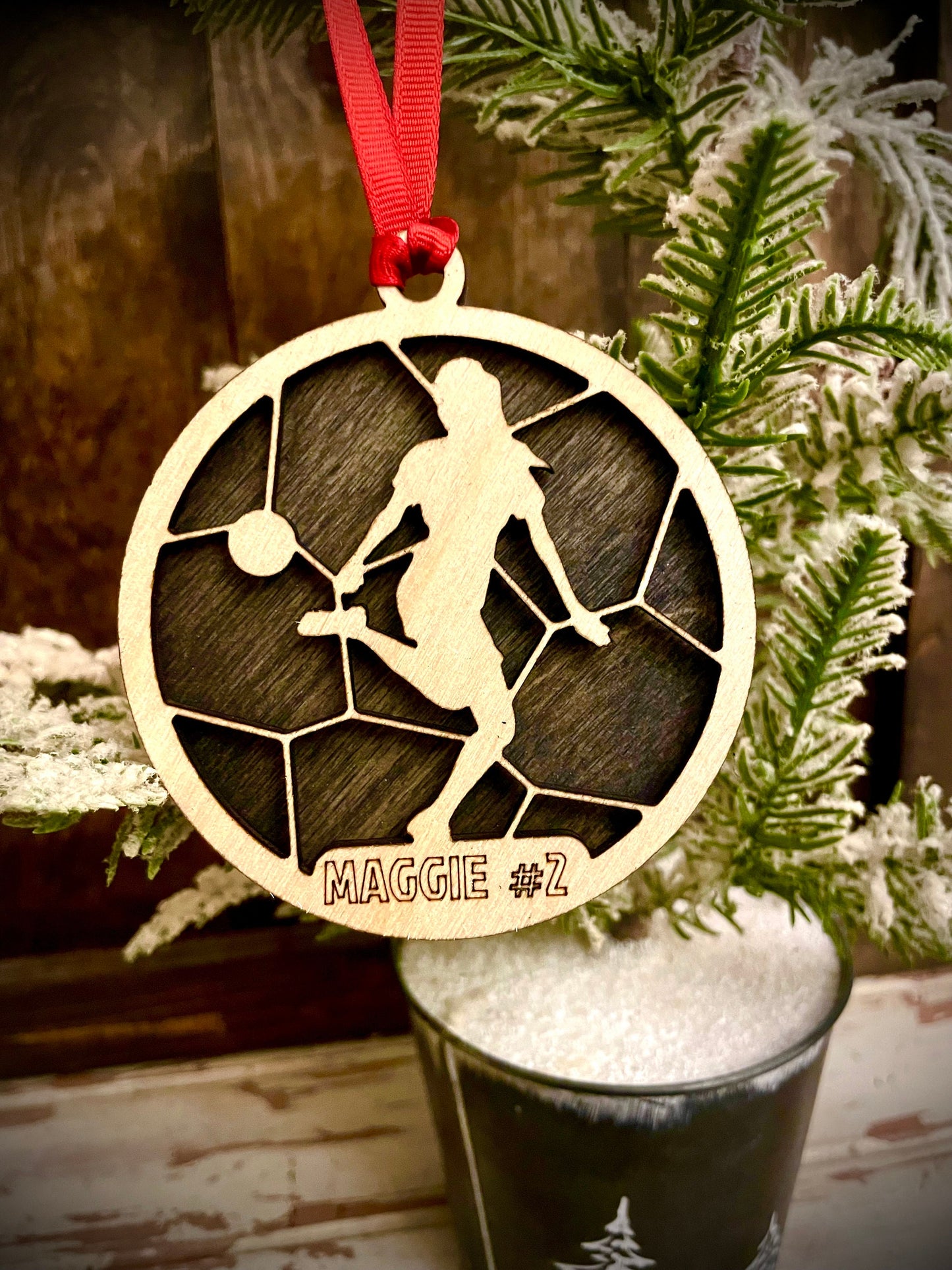 Female Soccer Player Personalized 2-Layer Wood Christmas Ornament & Gift Tag | Multiple Finishes | Soccer Gift (#8)
