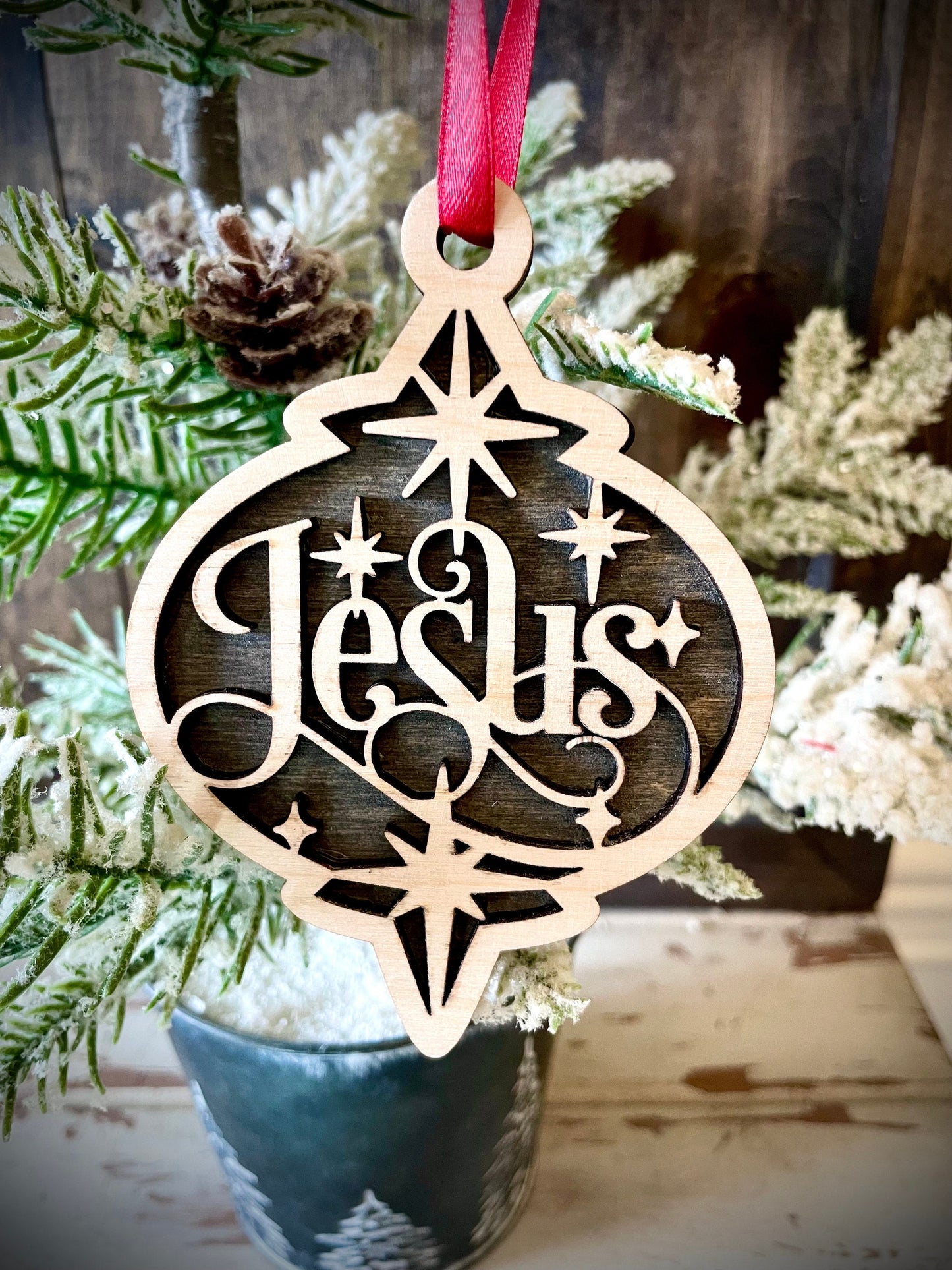 Script Jesus 2-Layer Wood Christmas Ornament & Gift Tag | Multiple Finishes | Religious Gift
