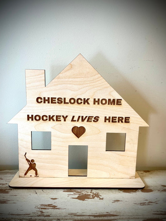 Custom Engraved Wood "Hockey Lives Here" Sign | Personalized Tabletop Decor