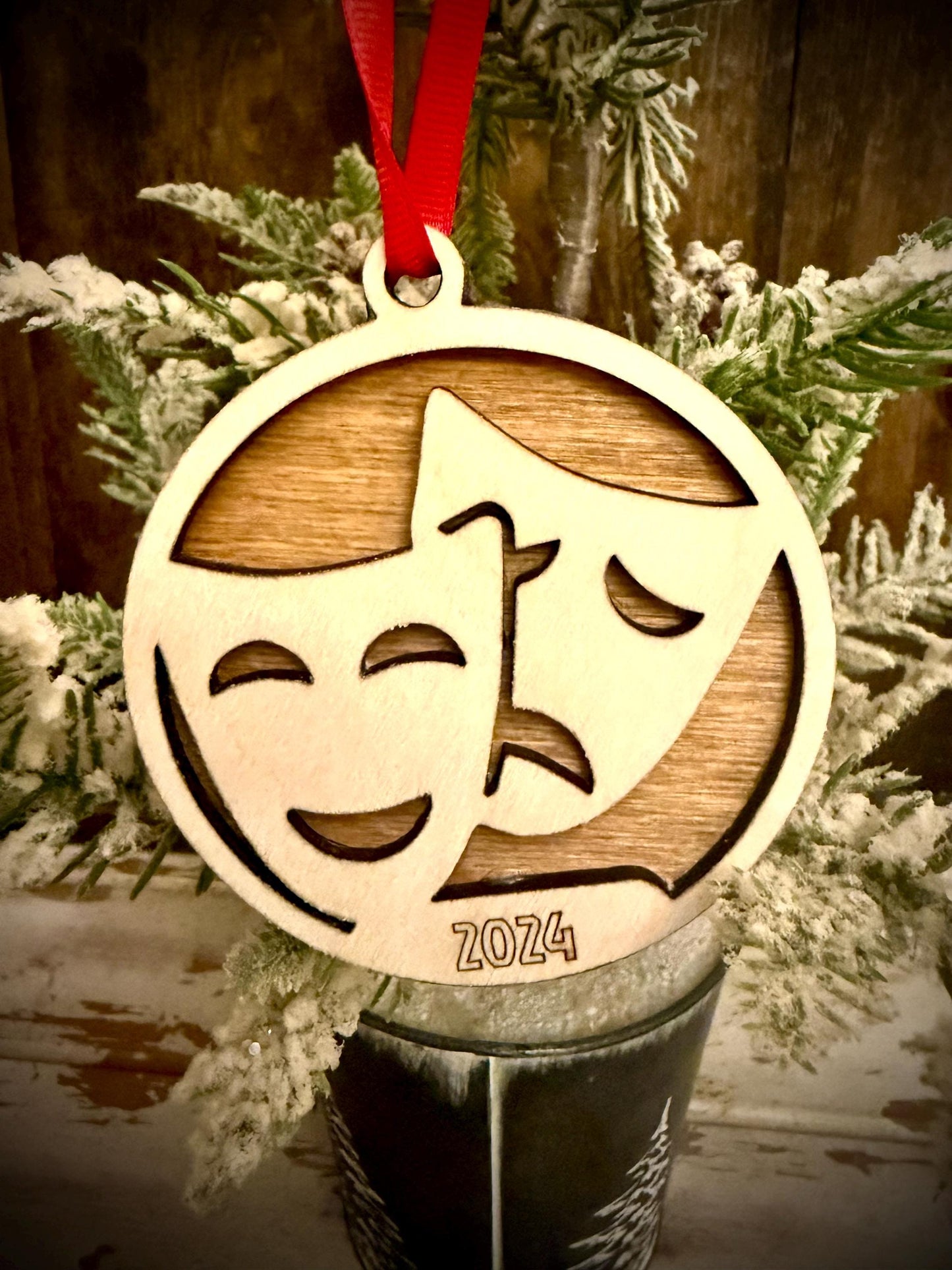 Drama masks theater thespian 2-layer personalized laser cut wood Christmas ornament, gift tag available unfinished or stained