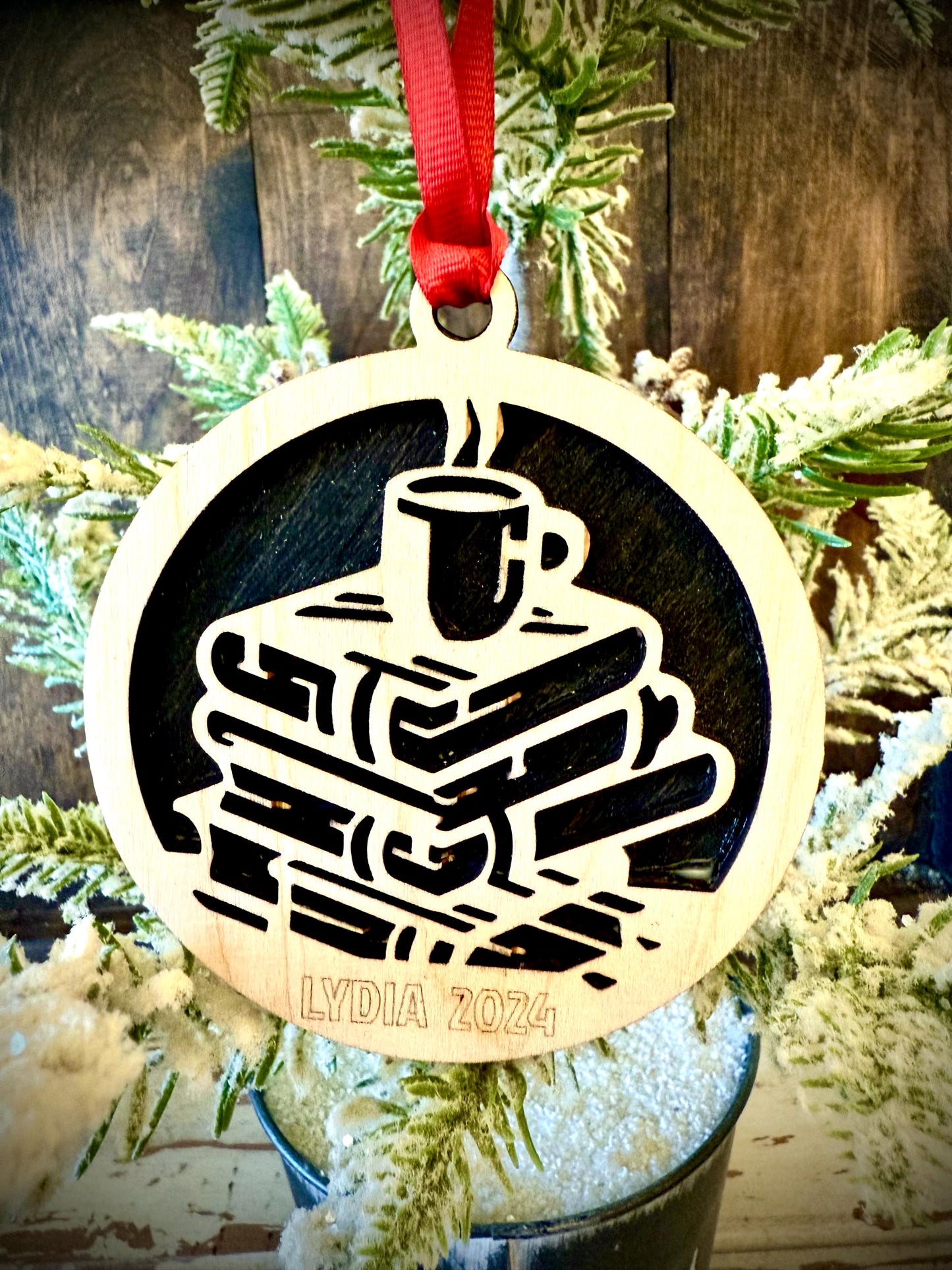Book Lover Reading with Coffee Personalized 2-Layer Wood Christmas Ornament & Gift Tag | Multiple Finishes | Book Lover Gift