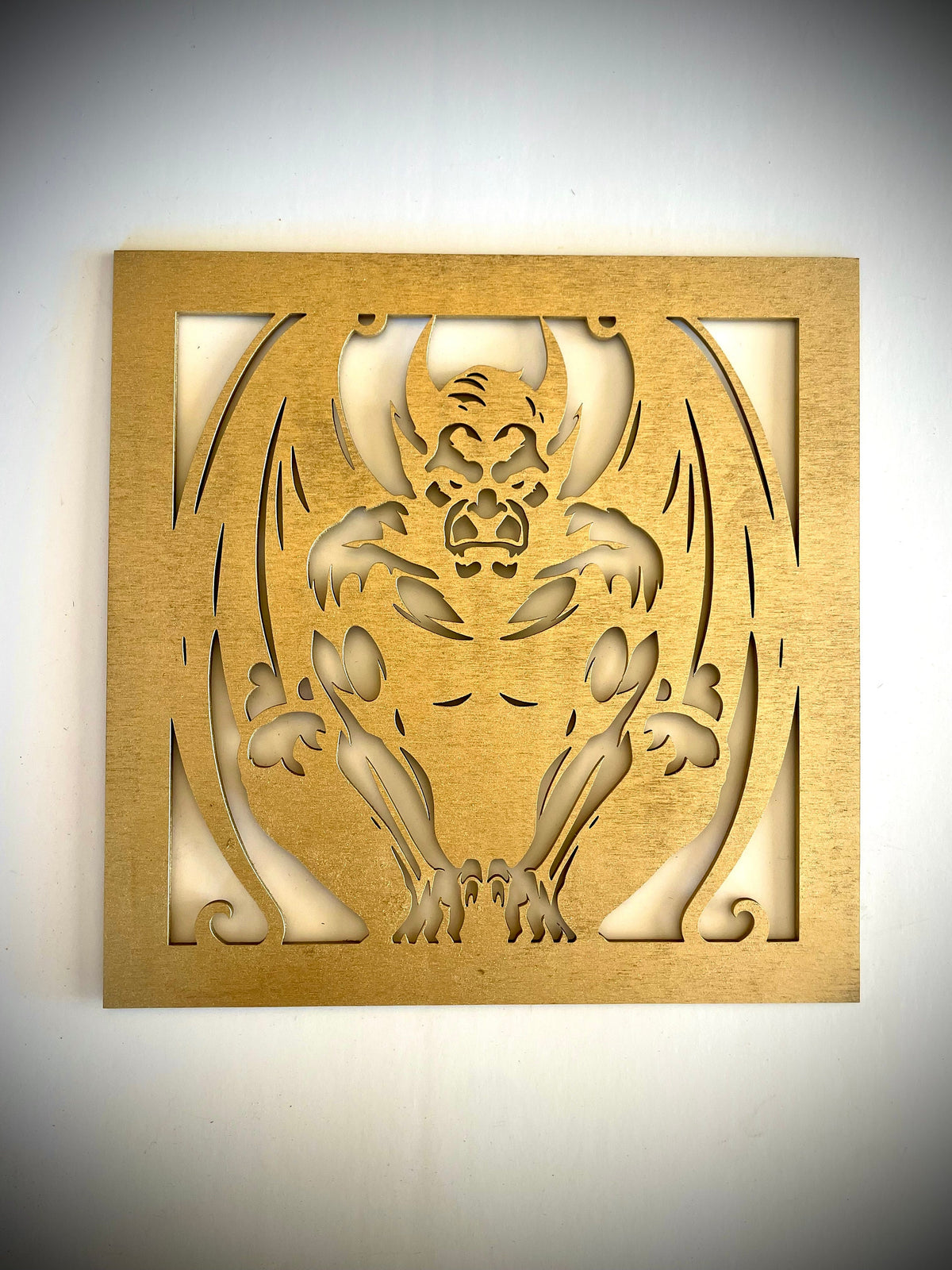 Gothic Style Gargoyle wood wall art, single panel front detail in Bright Gold Paint finish