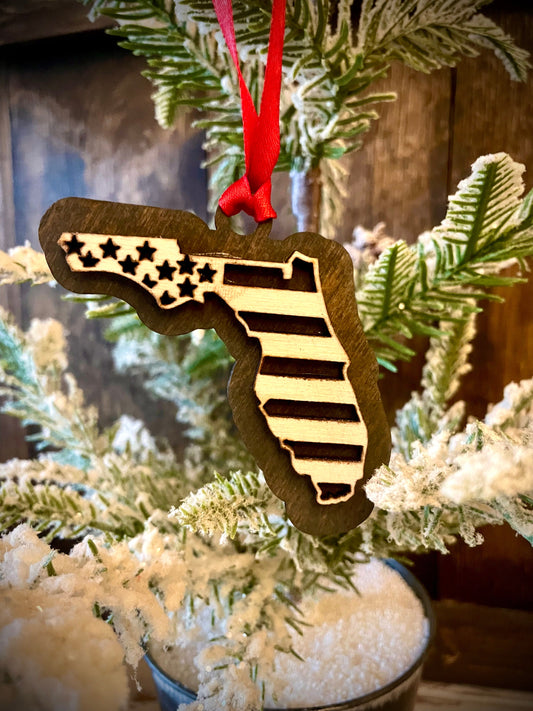 Florida US Flag Wood Ornament & Gift Tag | 12 Finishes | Patriotic Gift