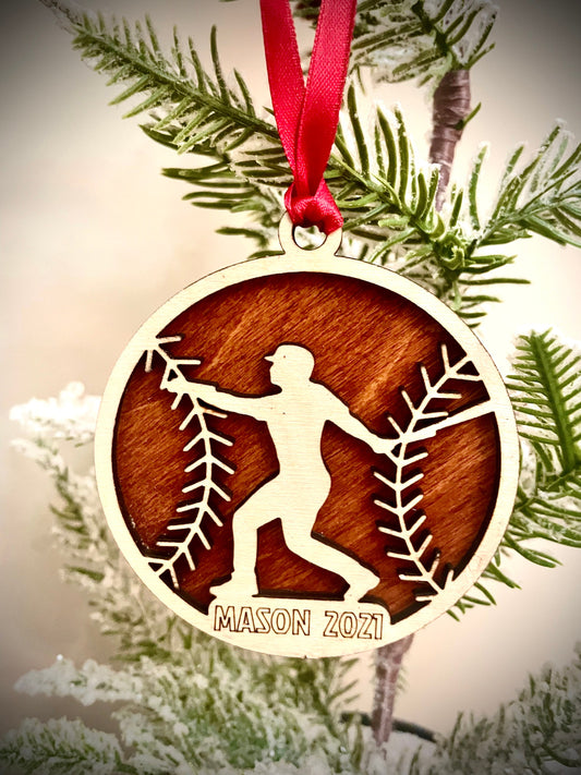 Baseball Player Personalized 2-Layer Wood Christmas Ornament & Gift Tag | Multiple Finishes | Baseball Gift (#3)
