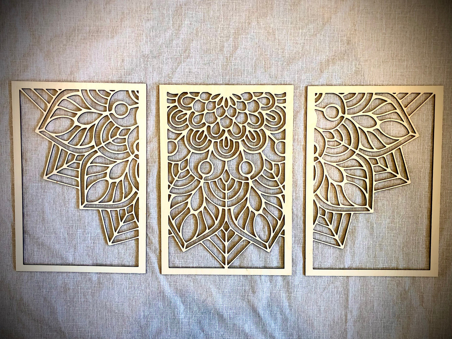 Half Round Flower Mandala Wood Wall Art | 3-Panel Set | Multiple Sizes & Finishes