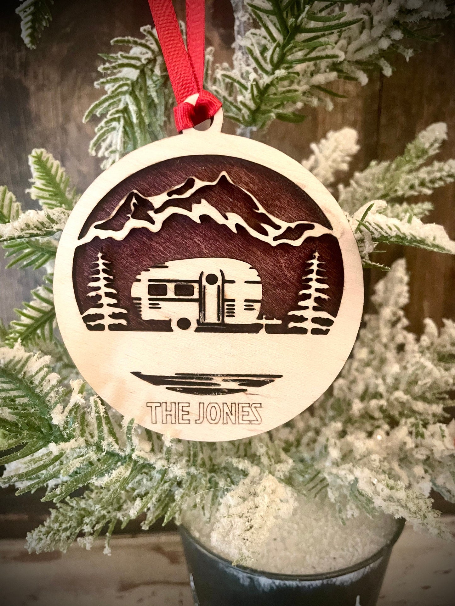 Camper RV with Lake & Mountains Personalized 2-Layer Wood Christmas Ornament & Gift Tag | Multiple Finishes | Camping Gift