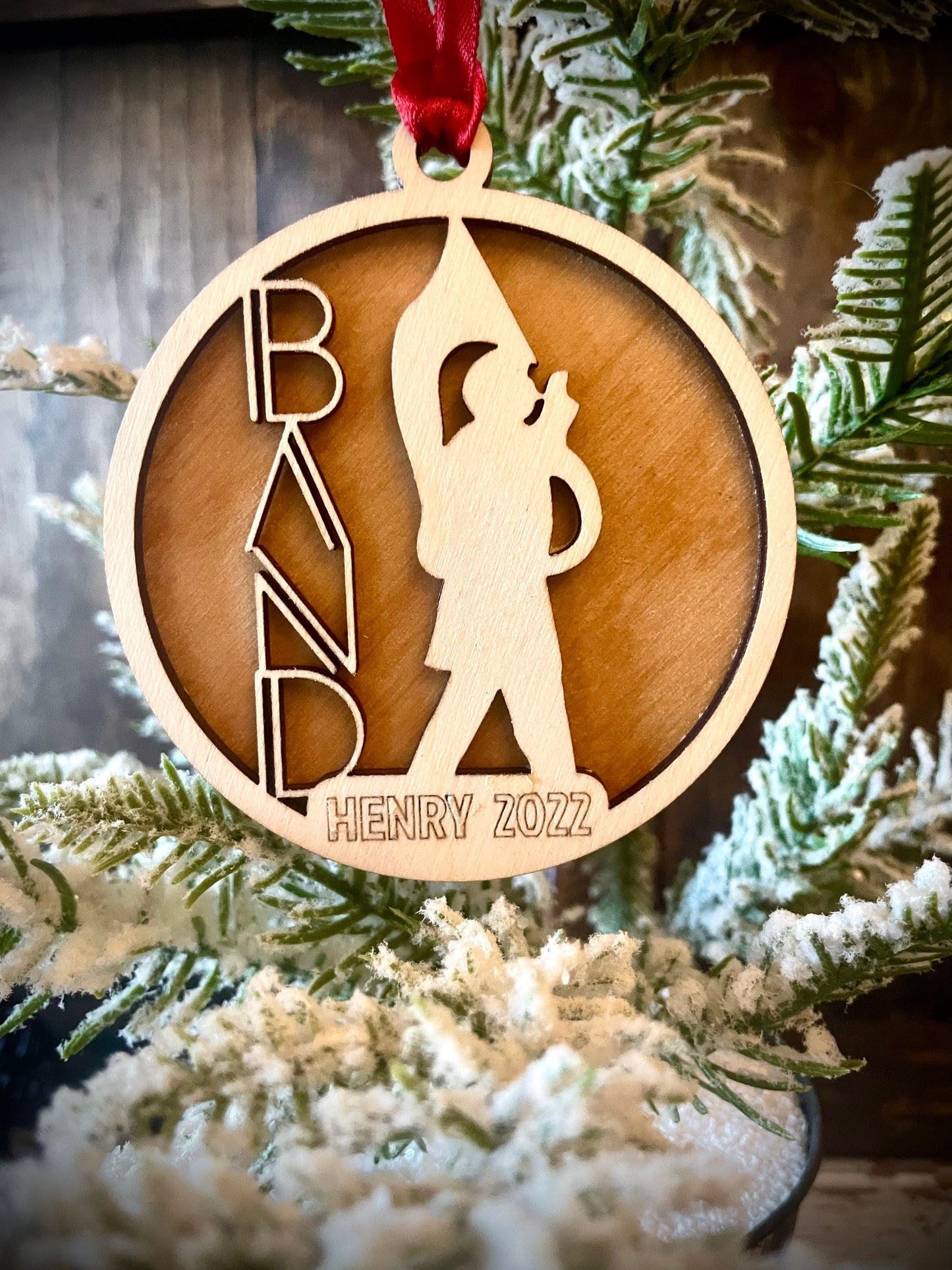 Marching band tuba sousaphone player 2-layer personalized laser cut wood Christmas ornament, gift tag available unfinished or stained