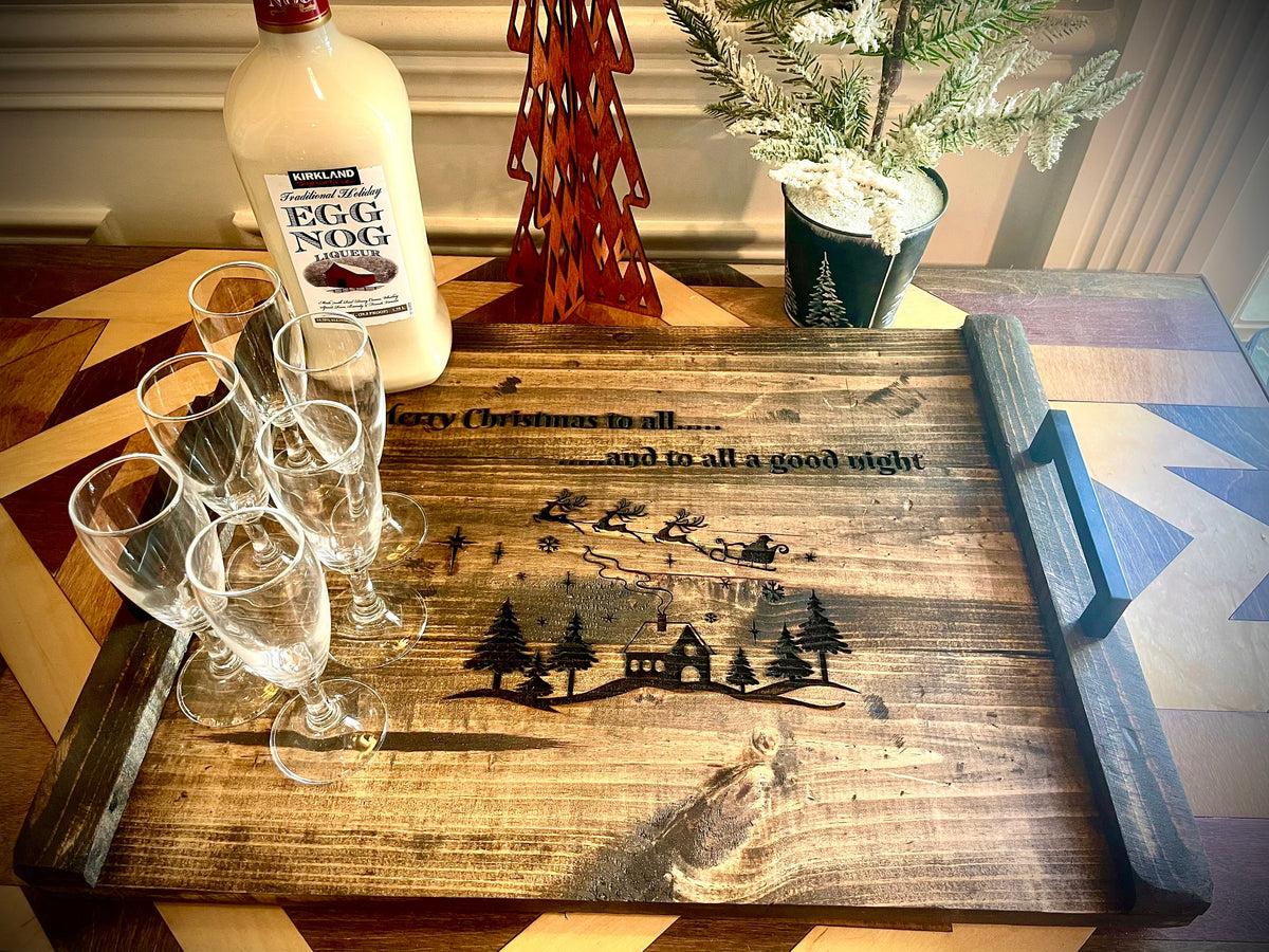 Custom Rustic Distressed Shiplap Christmas Serving Tray | Raised Edges, Handles & Optional Engraving
