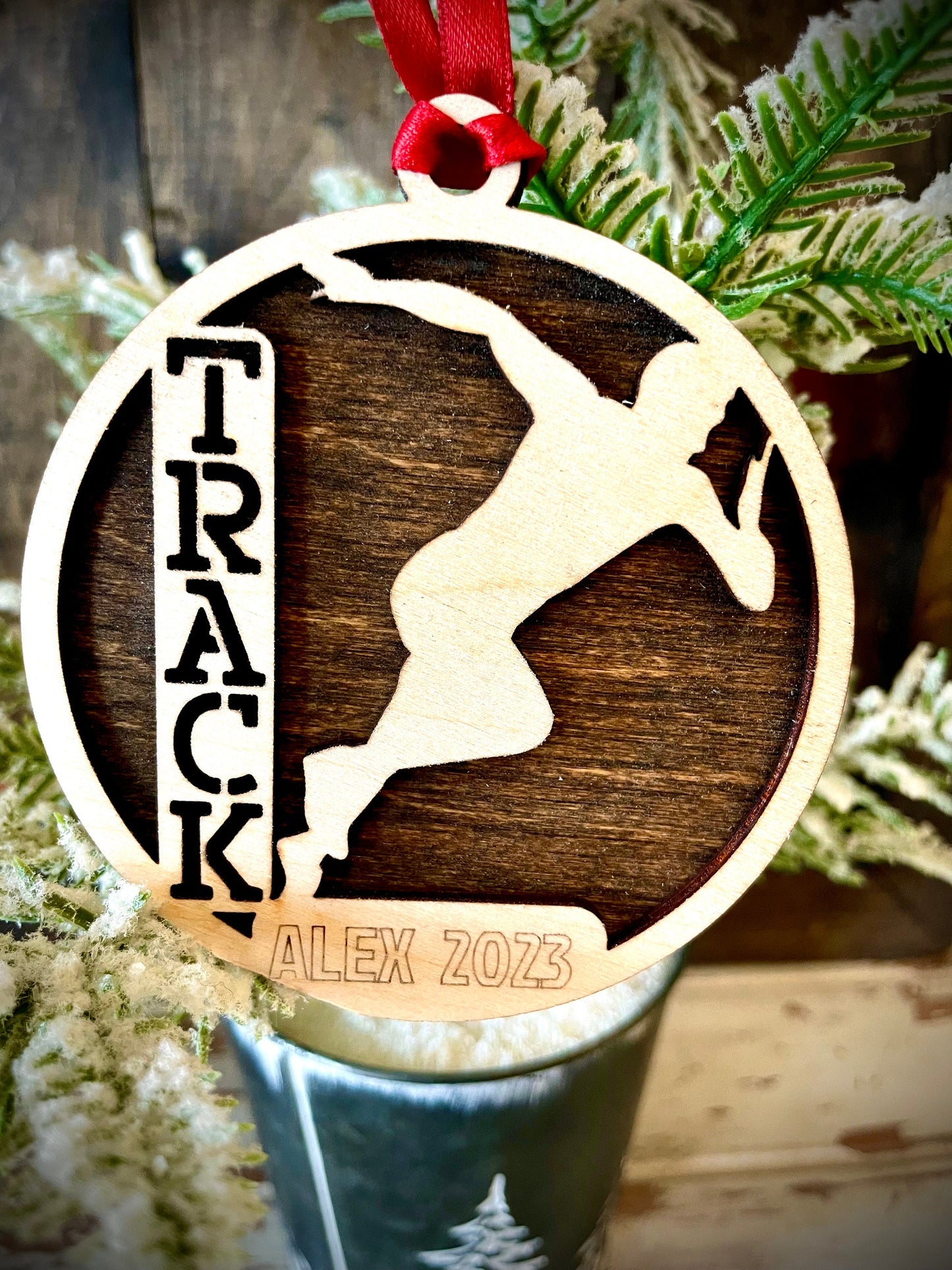 Track Runner Personalized 2-Layer Wood Christmas Ornament & Gift Tag | Multiple Finishes | Track Gift (#9)