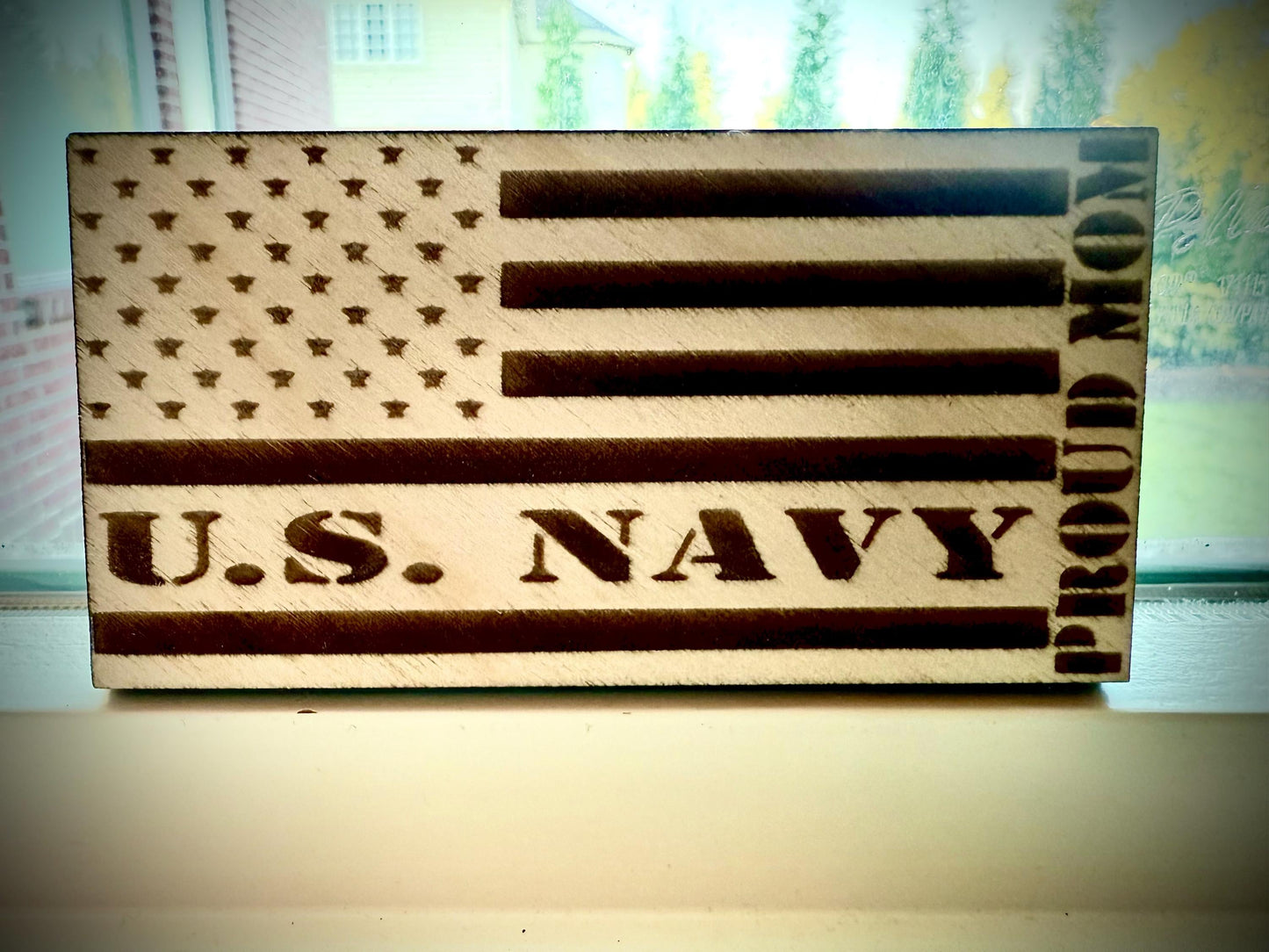 US Navy Proud Mom Laser Engraved US Flag Wood Refrigerator Magnet | 4" x 2.1" | Military Gift