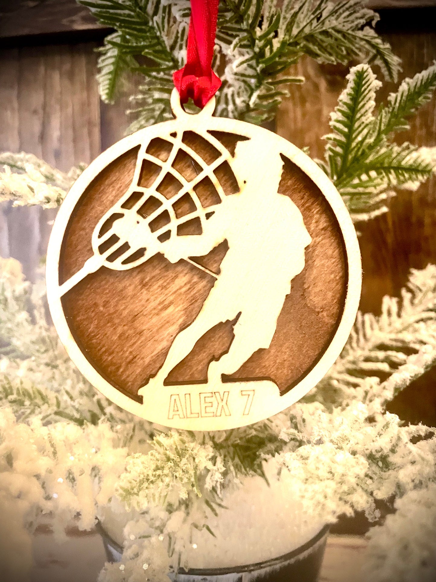 Lacrosse Player Personalized 2-Layer Wood Christmas Ornament & Gift Tag | Multiple Finishes | Lacrosse Gift (#10)