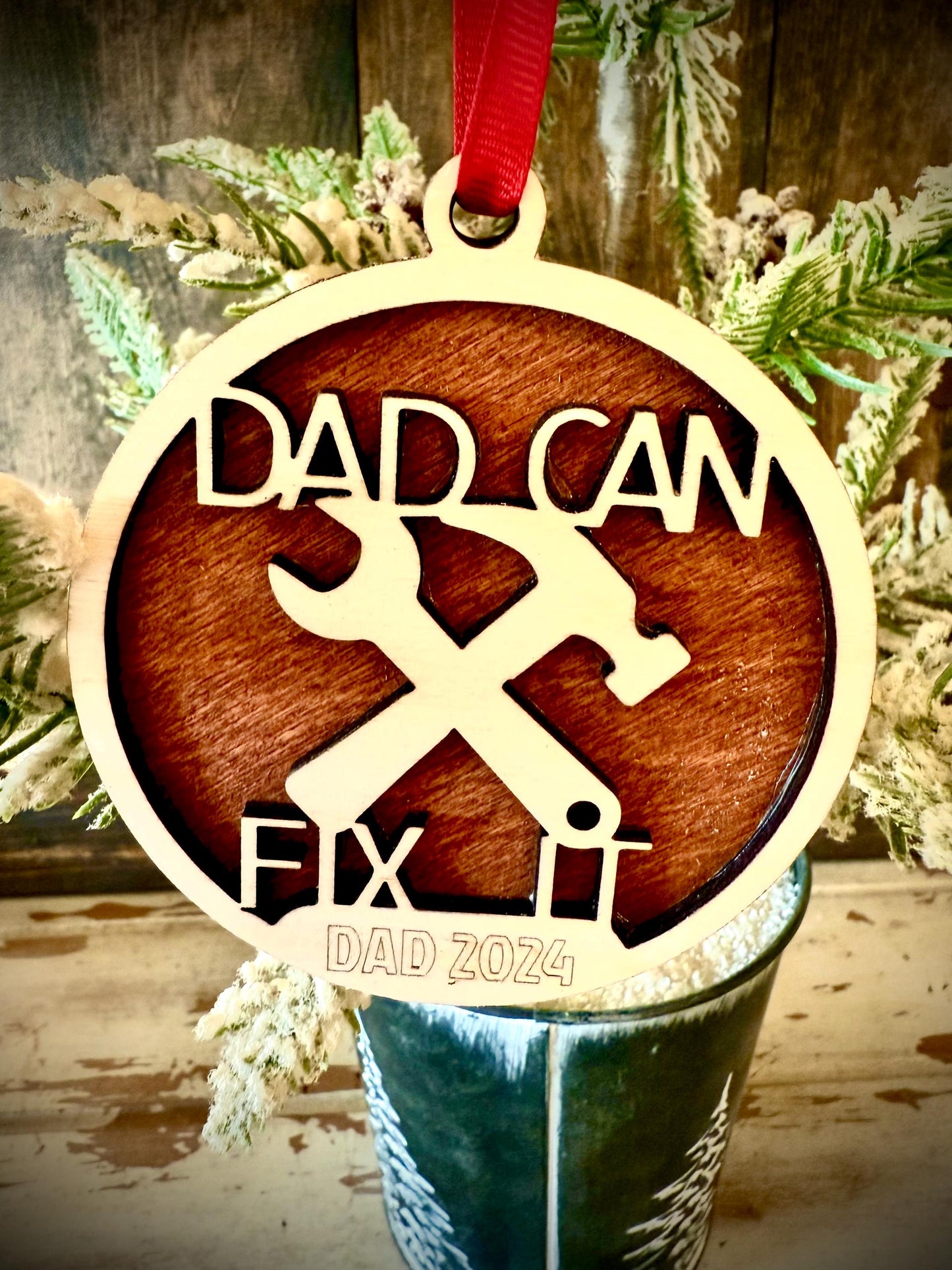 Dad Can Fix It Tools Hammer Wrench Personalized 2-Layer Wood Christmas Ornament & Gift Tag | Multiple Finishes | Dad Gift