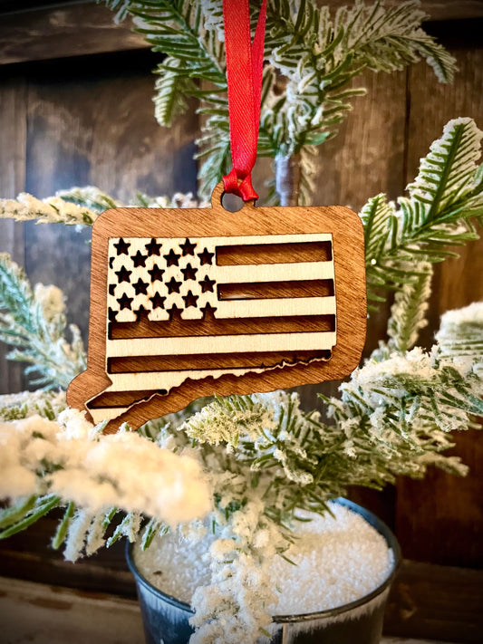 Connecticut US Flag Wood Ornament & Gift Tag | 12 Finishes | Patriotic Gift