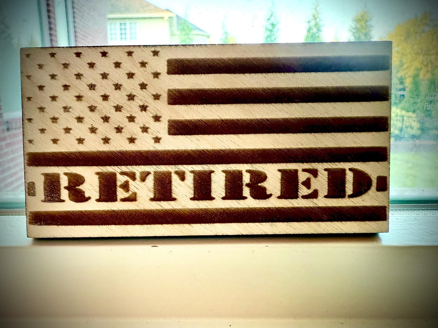 Retired Military & Police Laser Engraved US Flag Wood Refrigerator Magnet | 4" x 2.1" | Patriotic Gift
