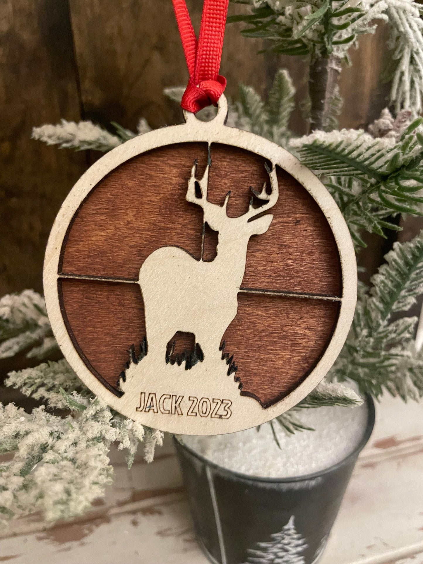 Hunter Hunting Deer in Crosshairs Personalized 2-Layer Wood Christmas Ornament & Gift Tag | Multiple Finishes | Hunting Gift