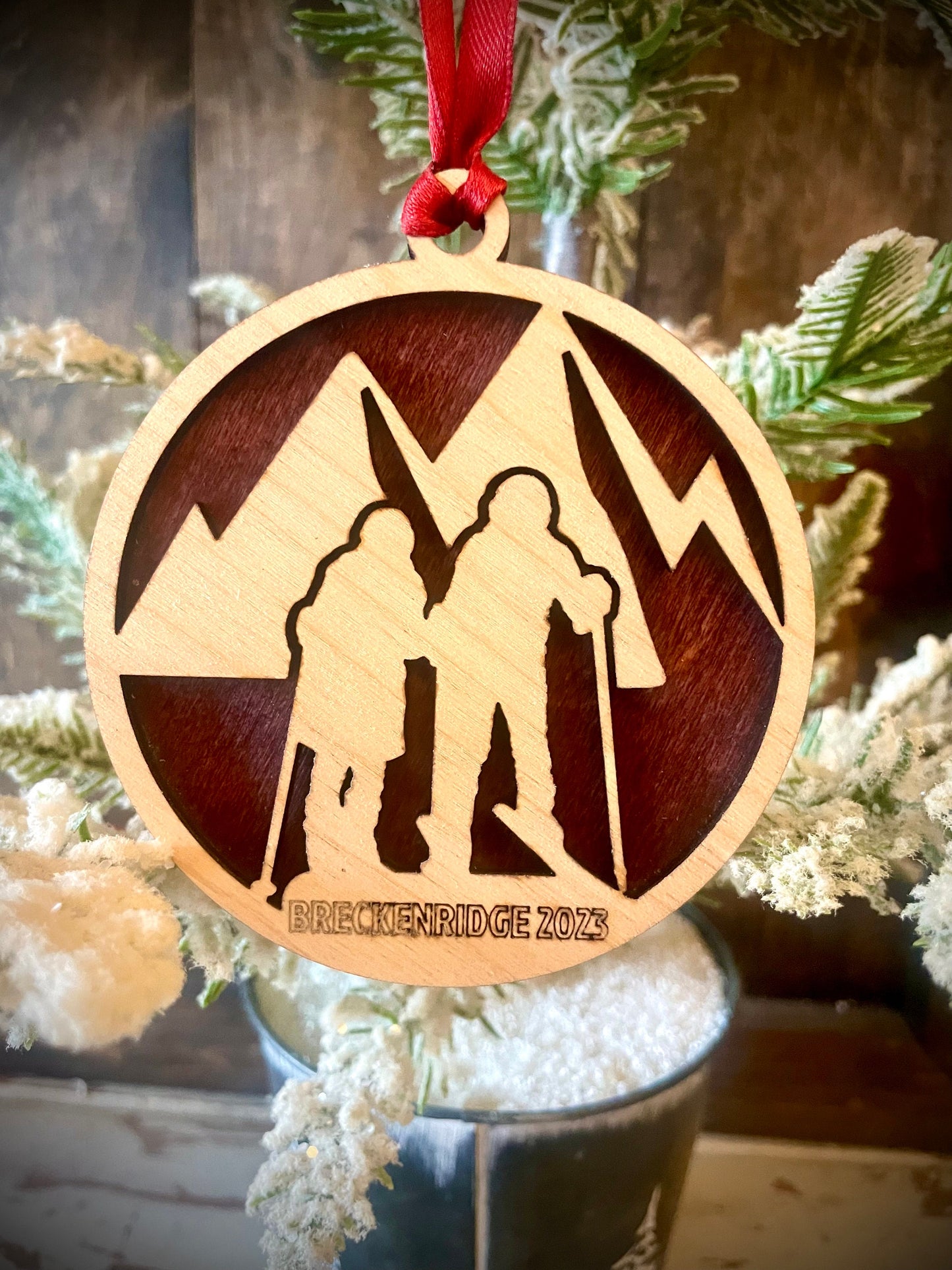 Skiing Ski Skier 2-layer personalized laser cut wood Christmas ornament, gift tag available unfinished or stained #5 of 5