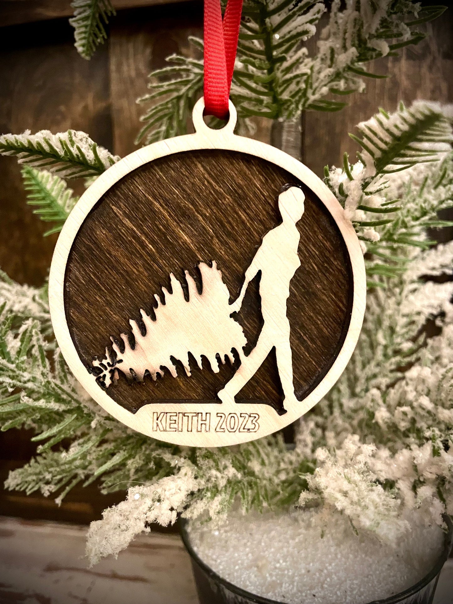 Annual Christmas Tree Hunt Dragging Christmas Tree Personalized 2-Layer Wood Christmas Ornament & Gift Tag | Multiple Finishes | Holiday Gift