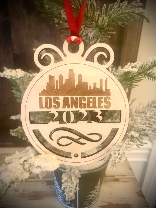 Los Angeles Skyline Wood Ornament | Choice of Year | 4" x 4.75" | Travel Souvenir Gift