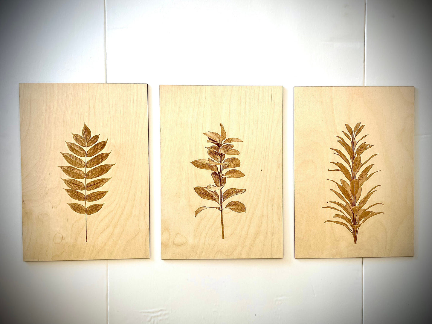 Boho Plant & Leaves Laser Engraved Wood Wall Art | 3-Panel Set | Multiple Finishes
