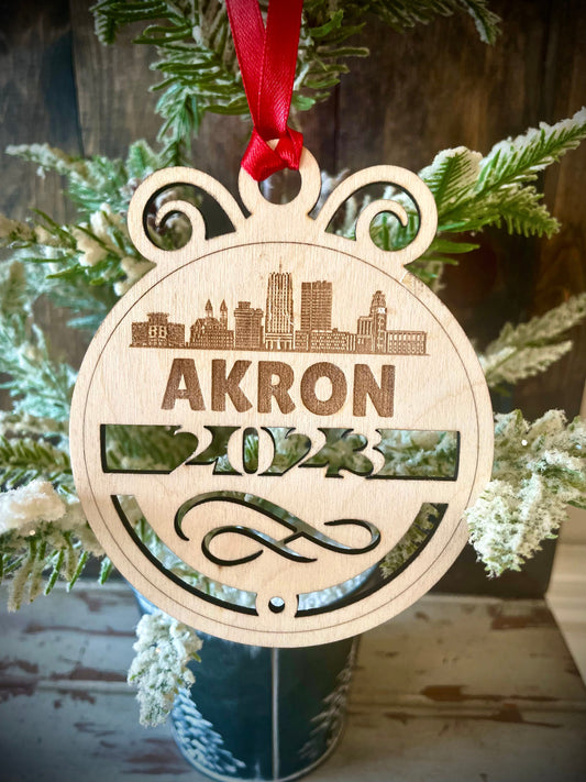 Akron Skyline Wood Ornament | Choice of Year | 4" x 4.75" | Travel Souvenir Gift