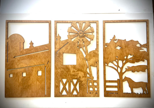 Farm Scene with Horse & Barn 3-piece decorative wall panel set, front view