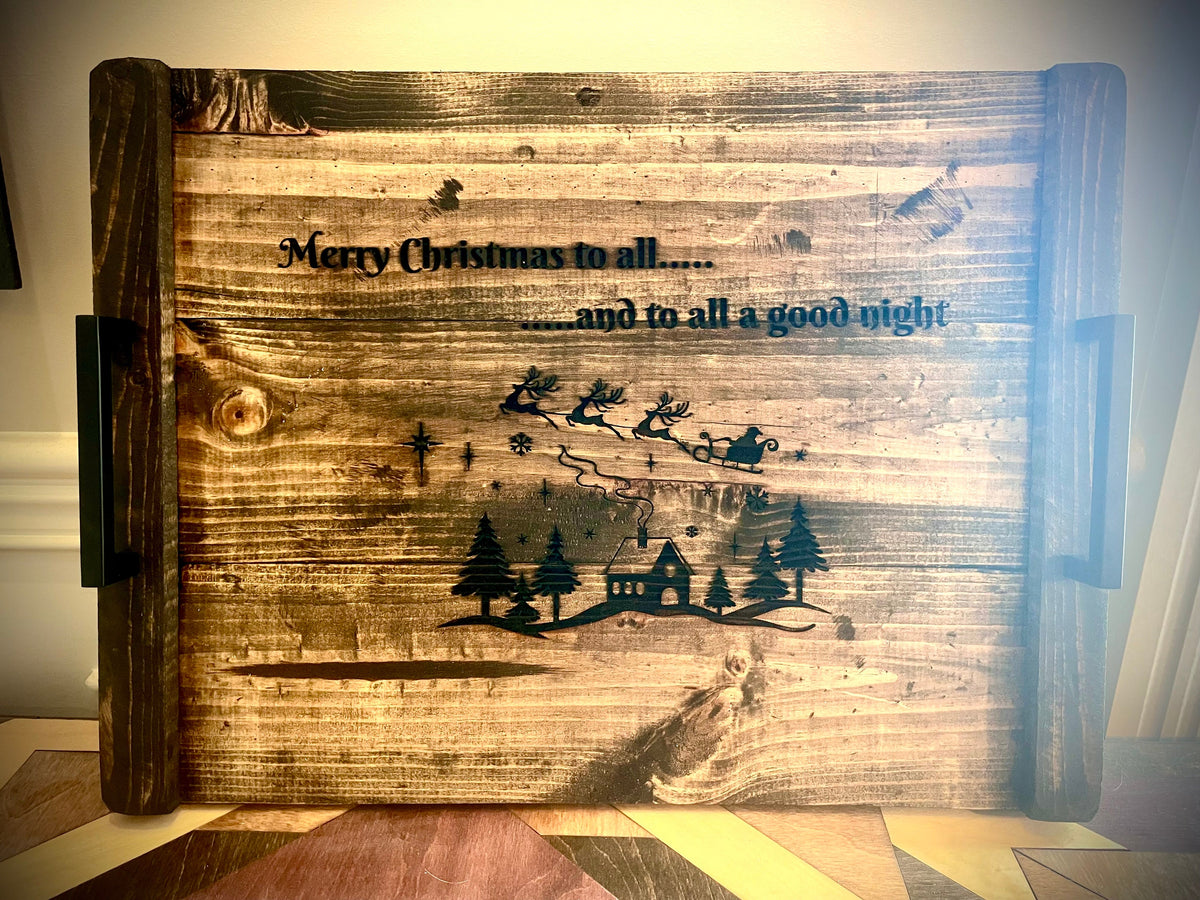 Custom Rustic Distressed Shiplap Christmas Serving Tray | Raised Edges, Handles & Optional Engraving