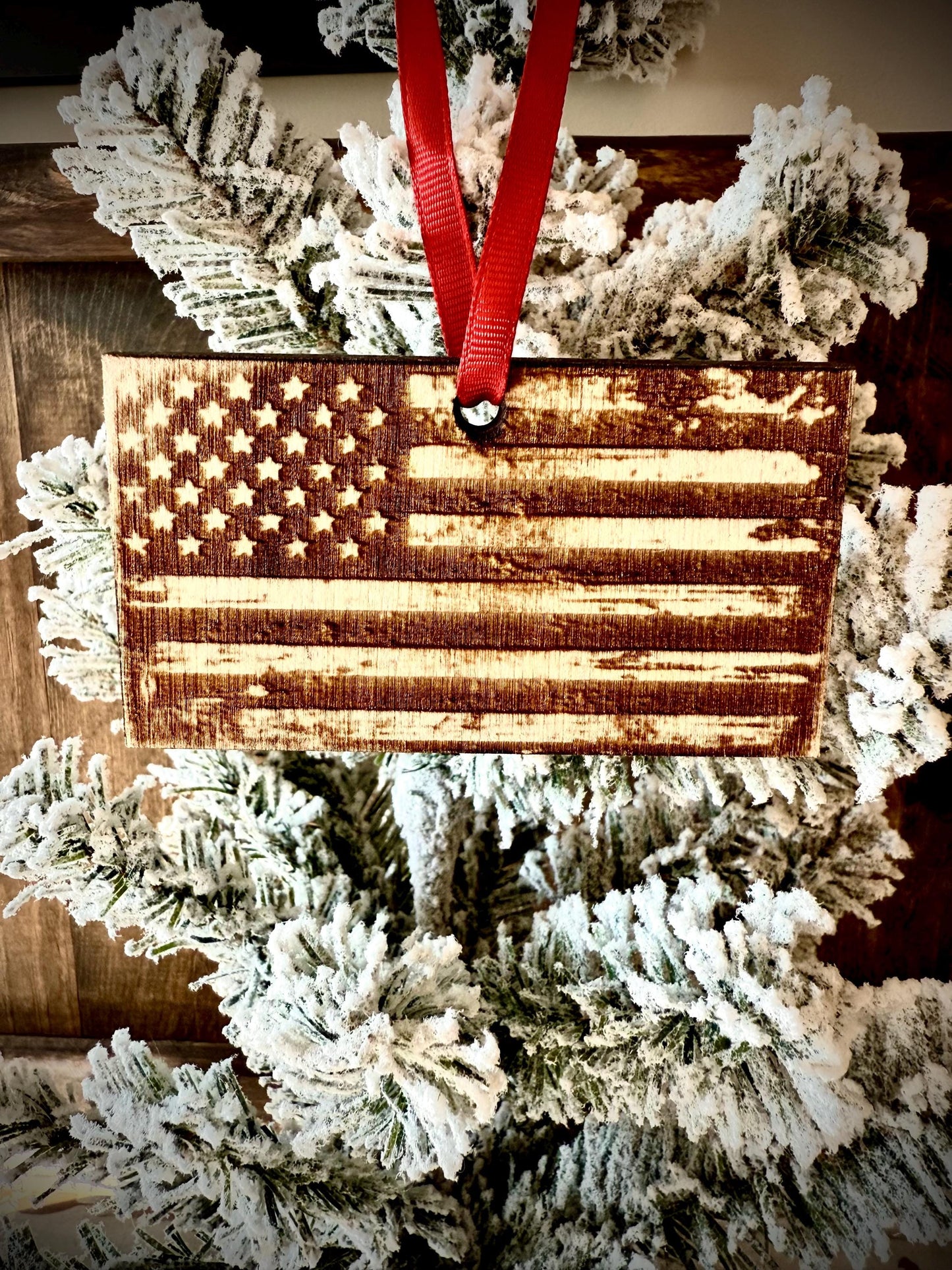 Distressed US Flag Wood Christmas Ornament | Patriotic Gift