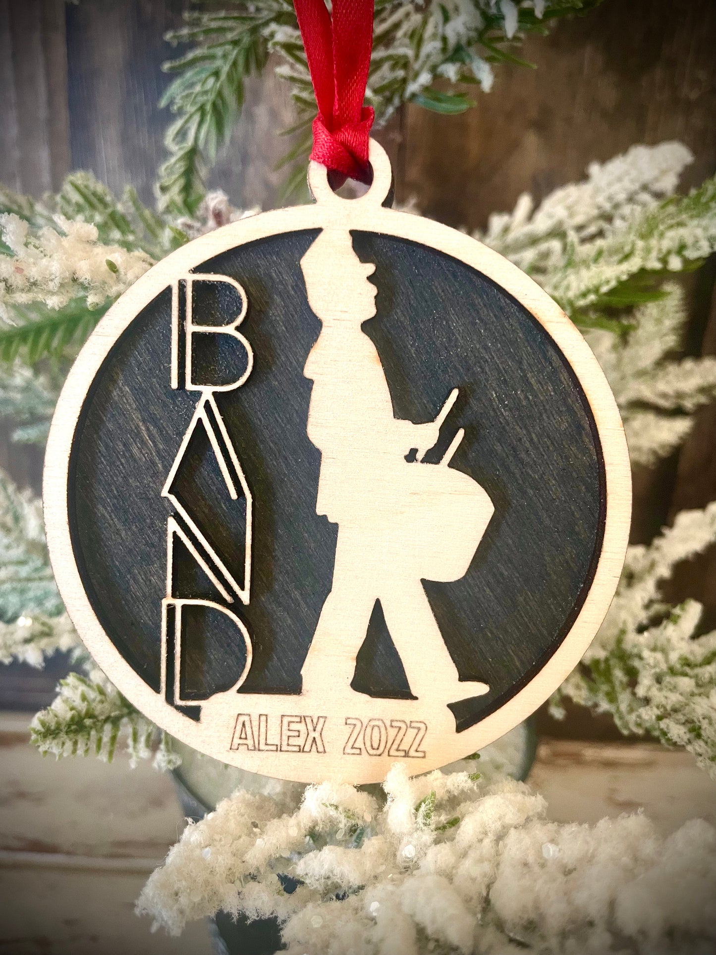 Marching band snare drum player 2-layer personalized laser cut wood Christmas ornament, gift tag available unfinished or stained v. 4 of 18
