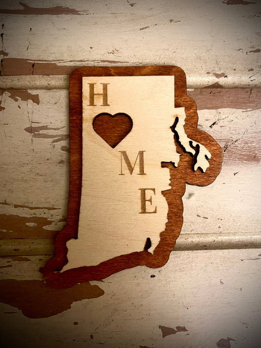 Rhode Island HOME 2-Layer Wood Refrigerator Magnet | 12 Finishes | State Pride Gift