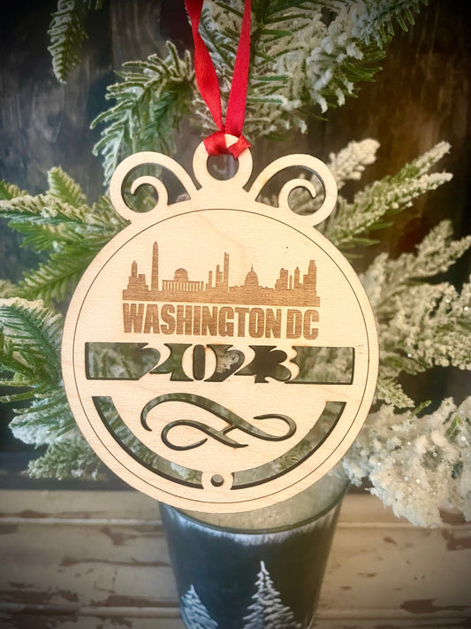 Washington DC Skyline Wood Ornament | Choice of Year | 4" x 4.75" | Travel Souvenir Gift