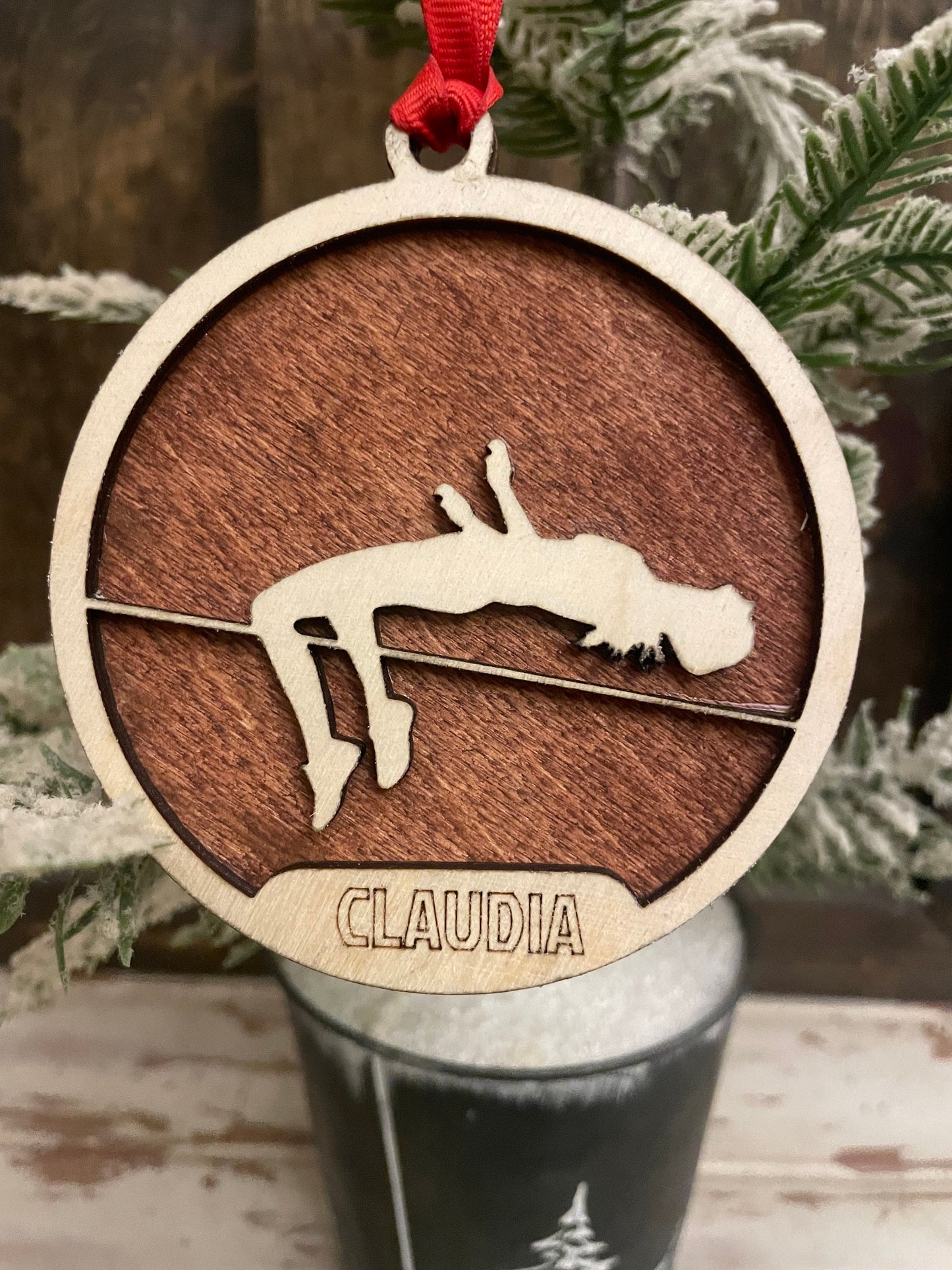 Female High Jump Track & Field Personalized 2-Layer Wood Christmas Ornament & Gift Tag | Multiple Finishes | Track Gift