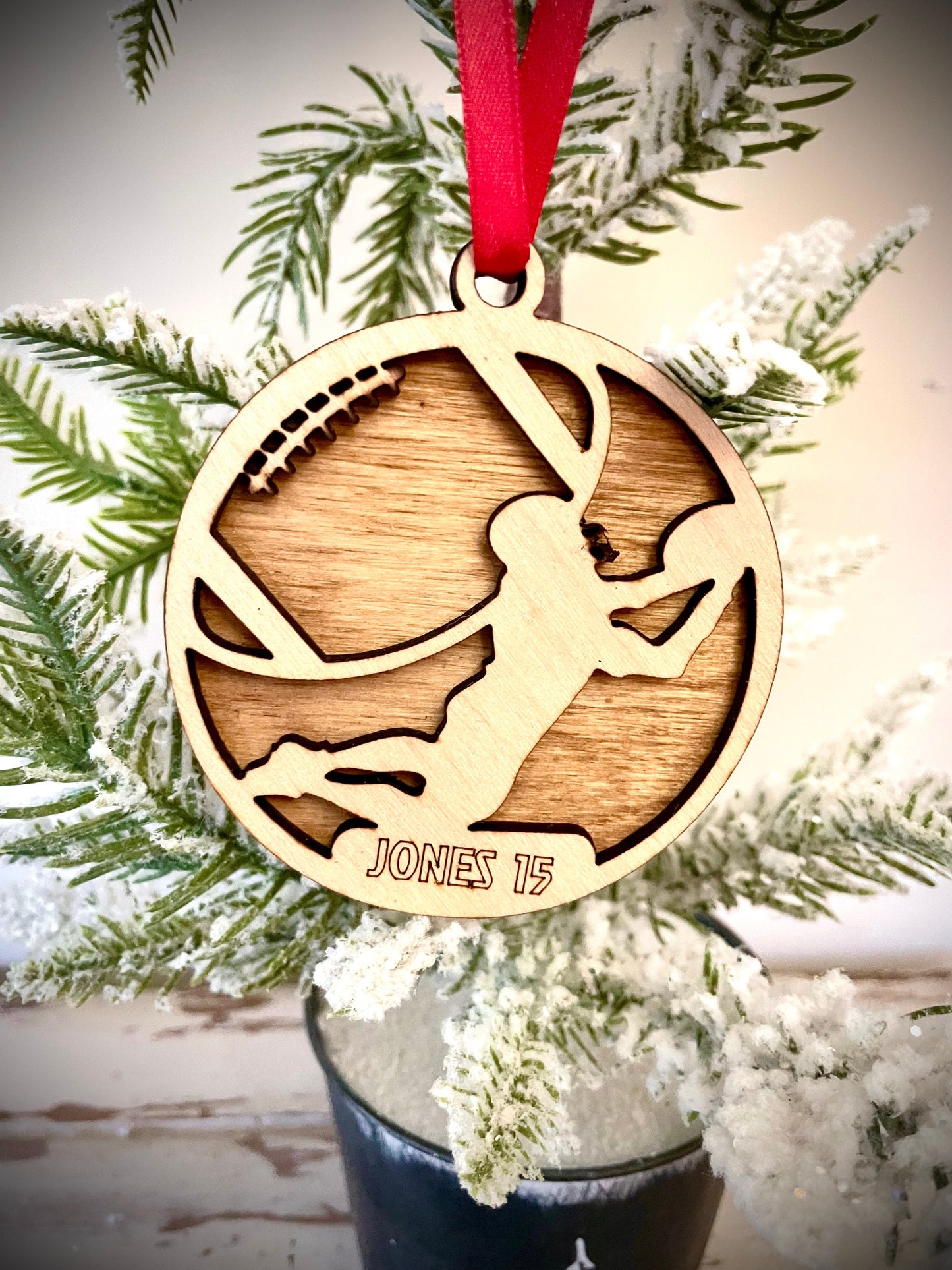 Football player 2-layer personalized laser cut wood Christmas ornament, gift tag available unfinished or stained (version 10 of 16)